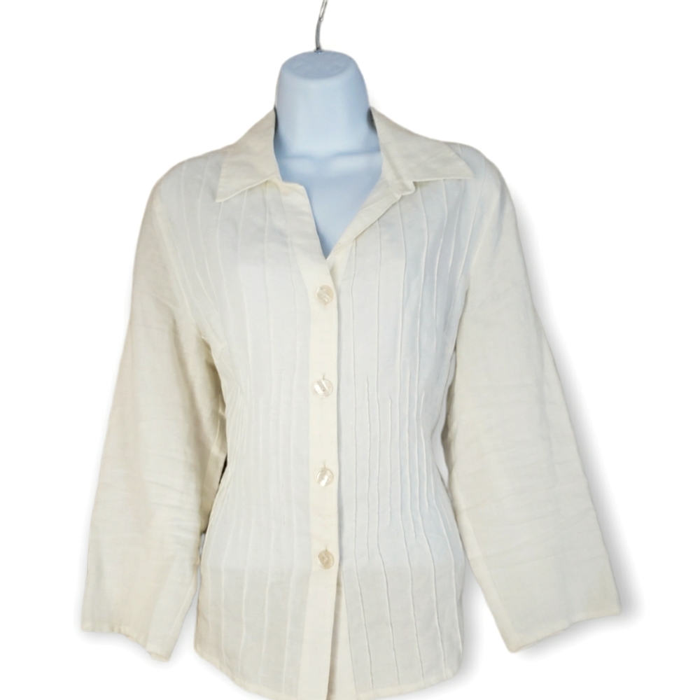 NWOT Peck Peck ivory white semi sheer linen button down blouse top Women…